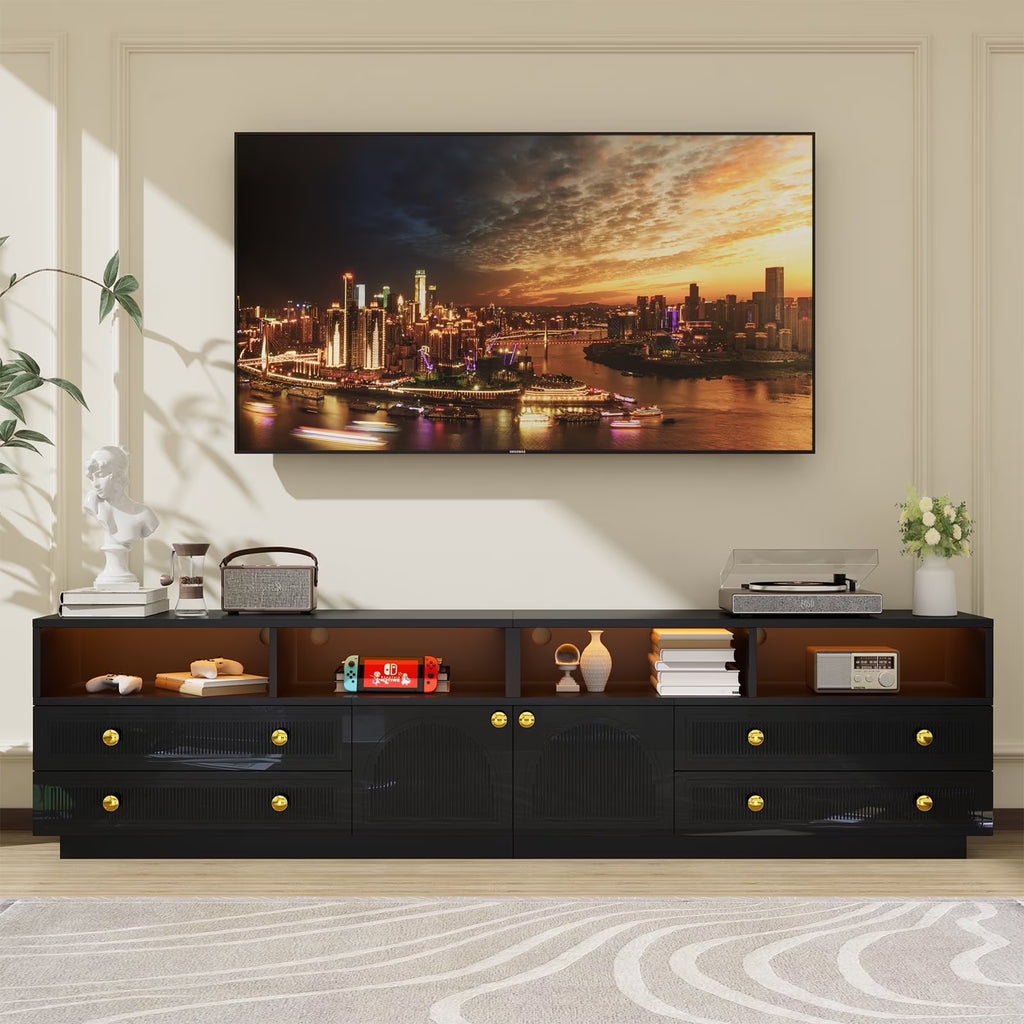Planntonneo Mid-Century Modern Fluted TV Stand Wooden Media Console Entertainment Center for Living Room, Walnut Color