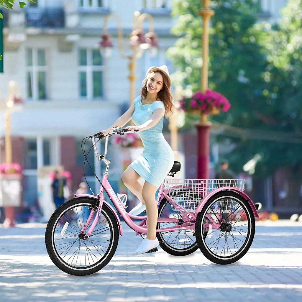 MOONCOOL Adult Tricycles with Rear Basket & Inflator, 24 26 inch 7 Speed 3 Wheel Bikes, Three-Wheeled Bicycles Adult Trike with Backrest for Seniors, Women, Men