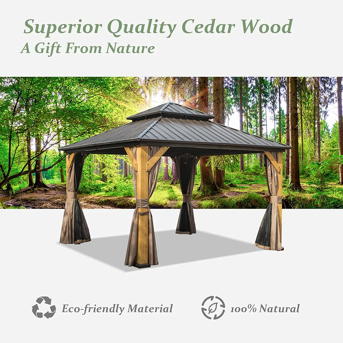 Domi 12x20 ft Wood Gazebo, Cedar Wood Frame Hardtop Gazebo with Galvanized Steel Double Roof, Outdoor Gazebo with Netting and Curtains, Patio Gazebo Pergola Pavilion for Patio, Backyard, Deck, Lawns