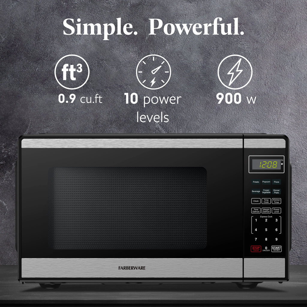 Farberware FMGZ09BKA 0.9 Cu. Ft. Microwave Oven, 900W, Digital Control, LED Display, 6 Cooking Presets, Black