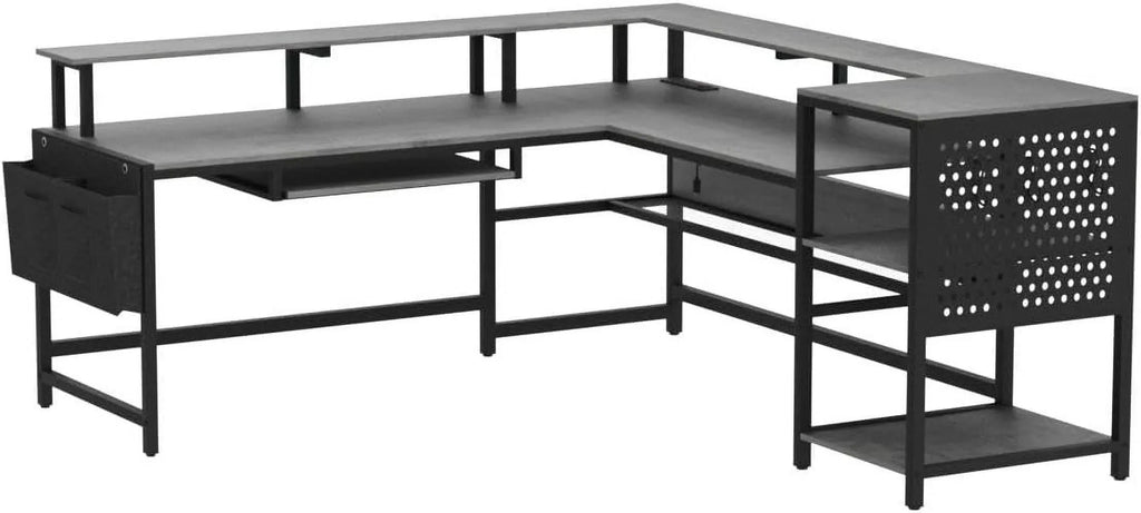 SEDETA L Shaped Gaming Desk, Reversible Computer Desk, Gaming Desk with Power Outlets & LED Strip, Monitor Shelf, Keyboard Tray, Pegboard and Storage Shelves for Home Office, Black