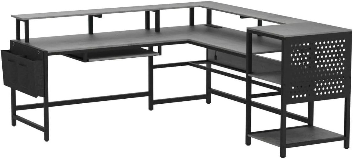 SEDETA L Shaped Gaming Desk, Reversible Computer Desk, Gaming Desk with Power Outlets & LED Strip, Monitor Shelf, Keyboard Tray, Pegboard and Storage Shelves for Home Office, Black