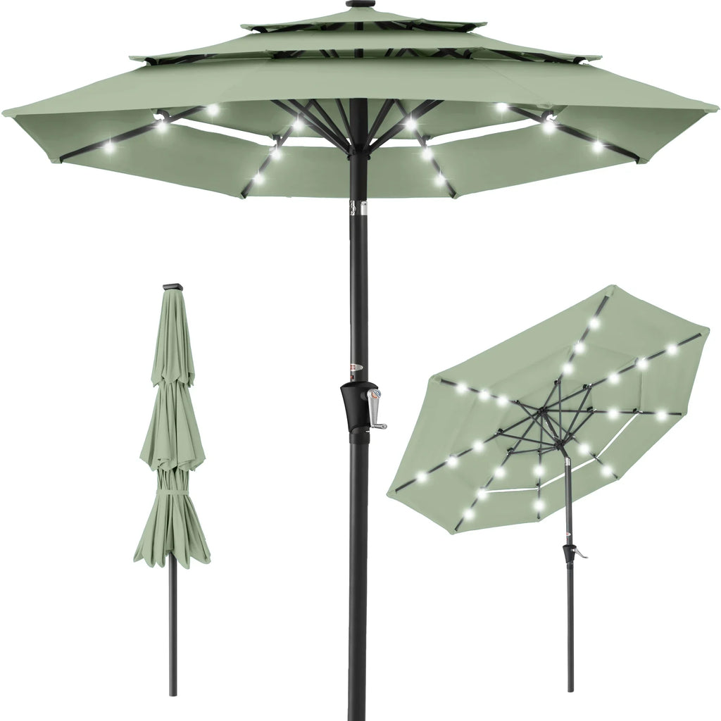 Best Choice Products 10ft 3-Tier Solar Patio Umbrella w/ 24 LED Lights, Tilt Adjustment, Easy Crank - Tan