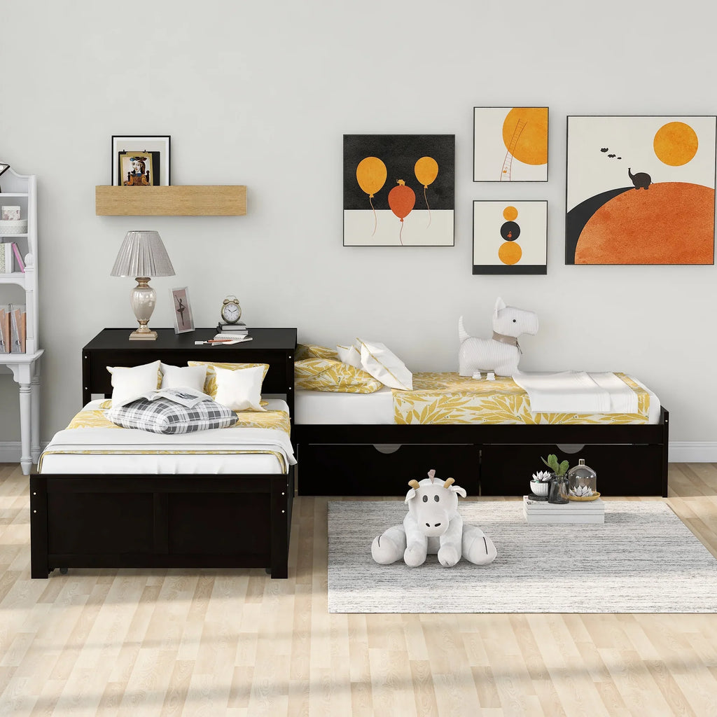 Euroco Wood Twin Size L-Shaped Platform Bed with Square Storage Table for Kids Teens, 2 Platform Beds with Trundle and Drawers for Living Room, 3 Twin Beds, Gray