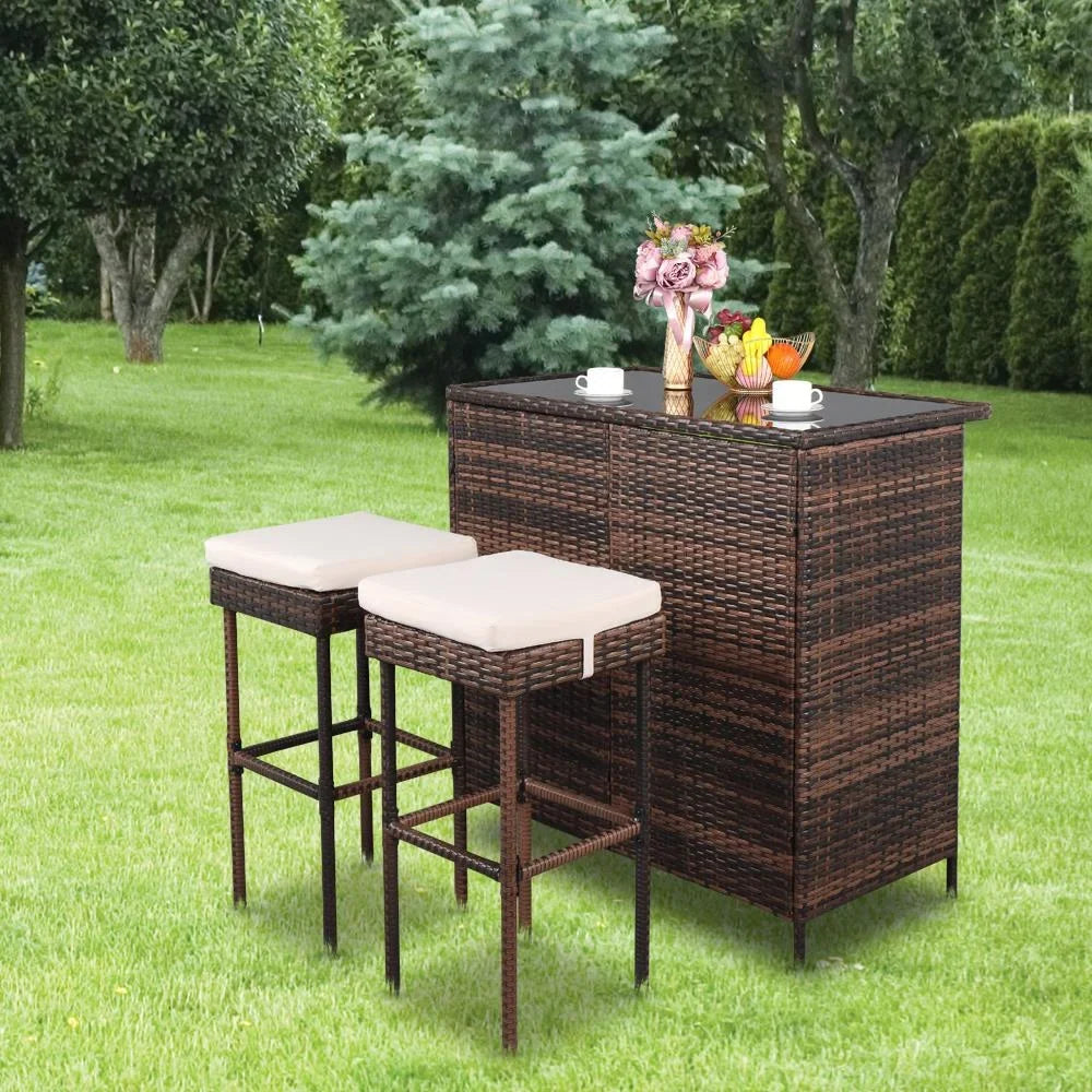 Ktaxon 3PCS Wicker Bar Set Patio Outdoor Table & 2 Stools Furniture Steel, Outdoor Bistro Set w/ Wicker Bar Stools