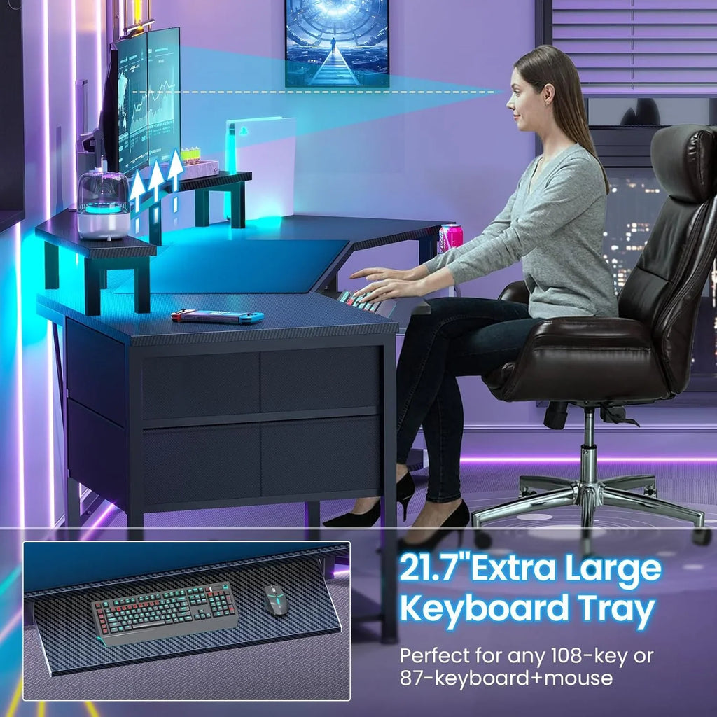 79" Gaming Desk with LED Lights and Power Outlets, U Shaped Desk with Monitor Stand and Drawers, Gaming Table with Keyboard Tray, Cup Holder and CPU Stand for Bedroom, Carbon Fiber Black