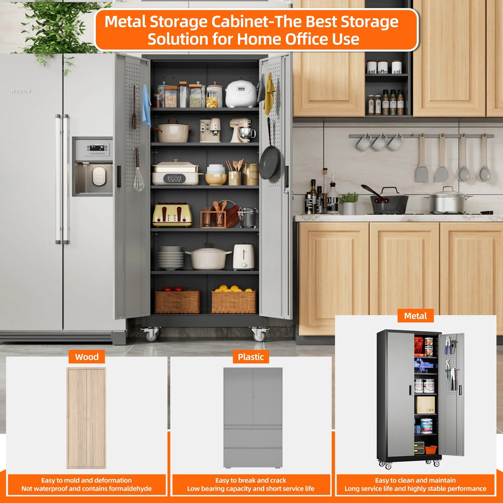 GangMei 71 inches Tall Metal Rolling Garage Storage Cabinets with Locking Doors and 5 Adjustable Shelves, Metal Storage Cabinet for Garage, Office, Home, Classroom, Assemble Required(Black)