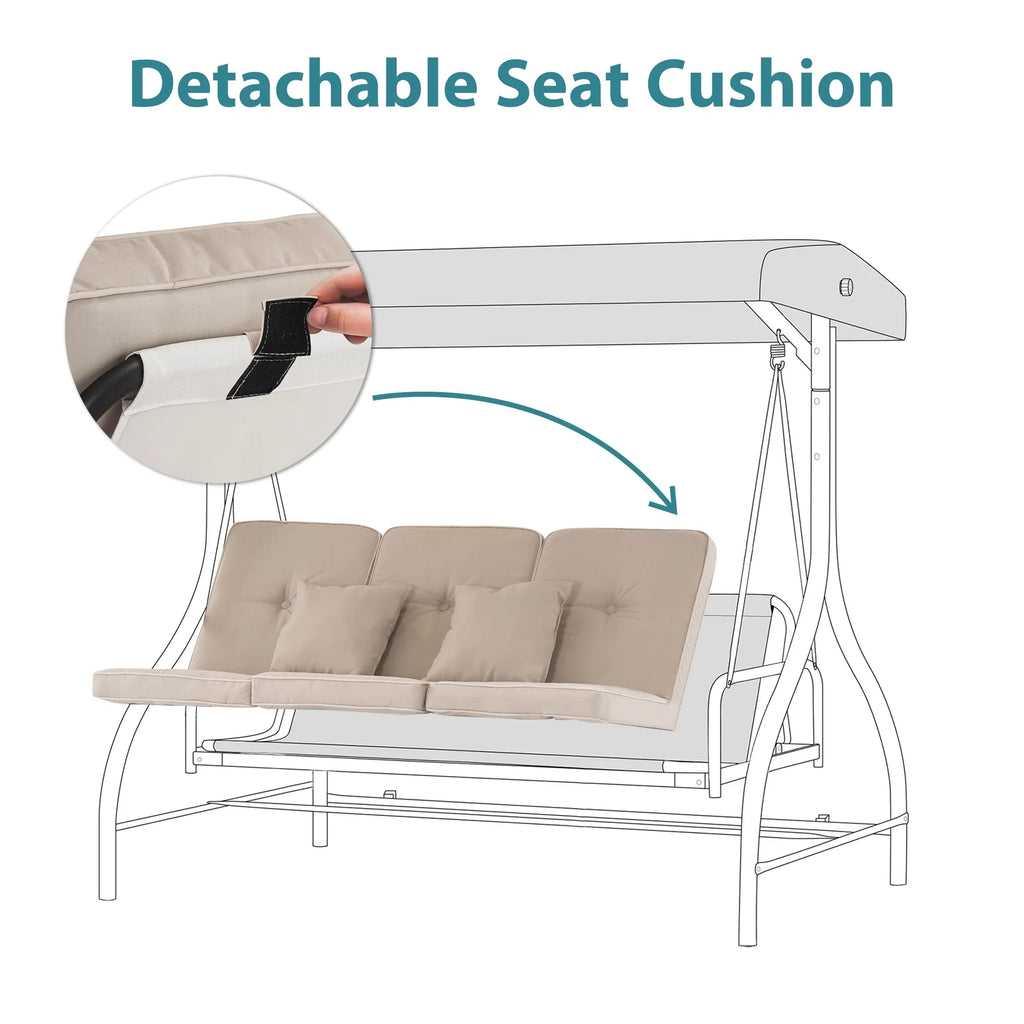MCombo 3-Seat Outdoor Patio Swing Chair Cushioned with Adjustable Backrest and Canopy, Pillow, Brown