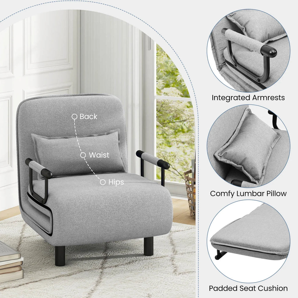 Costway 3-in-1 Convertible Sofa Bed with 5-Position Adjustable Backrest & Lumbar Pillow Brown