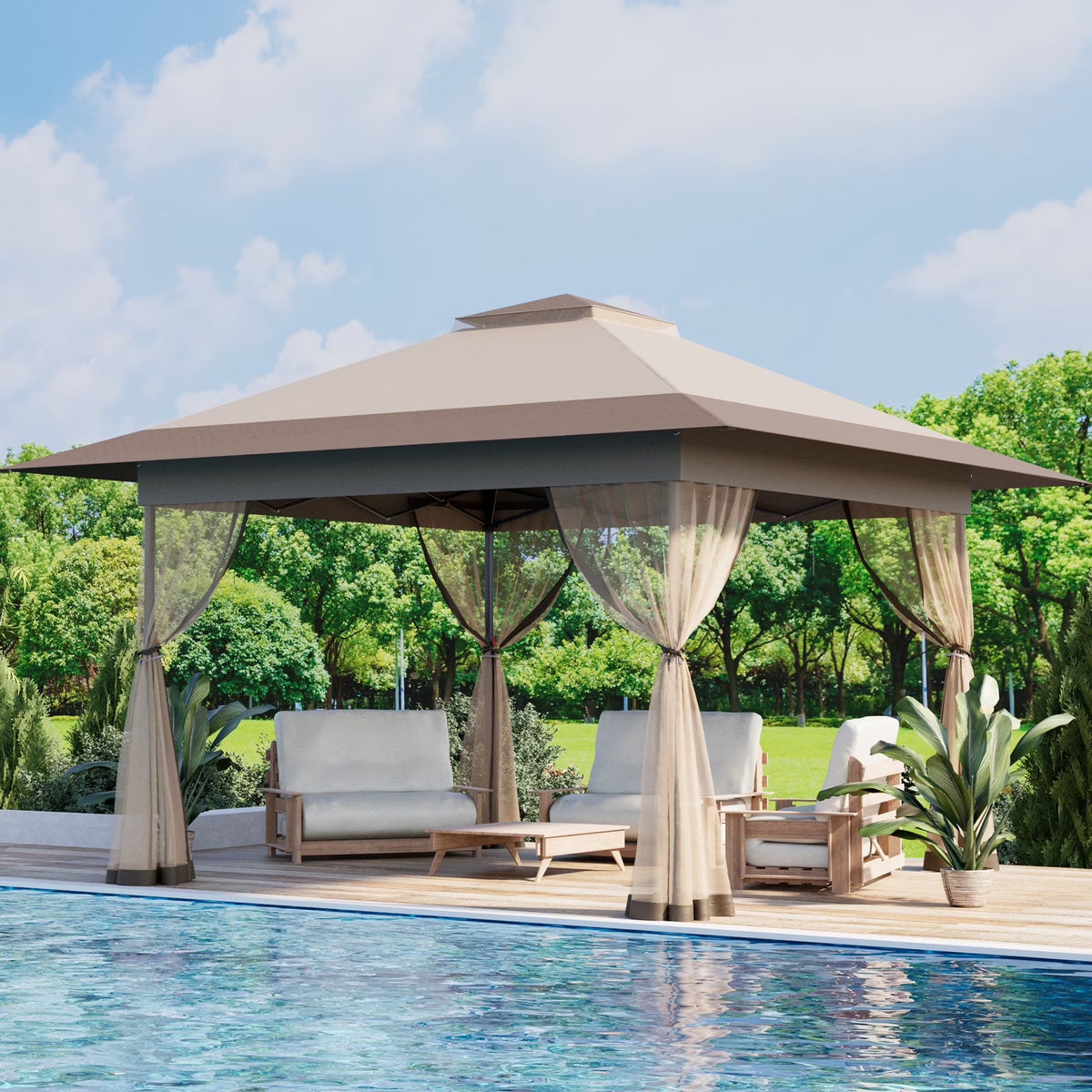 Bezseller 11x11 Pop up Gazebo, Outdoor Waterproof Canopy Tent with Mosquito Netting for Outdoors, Khaki