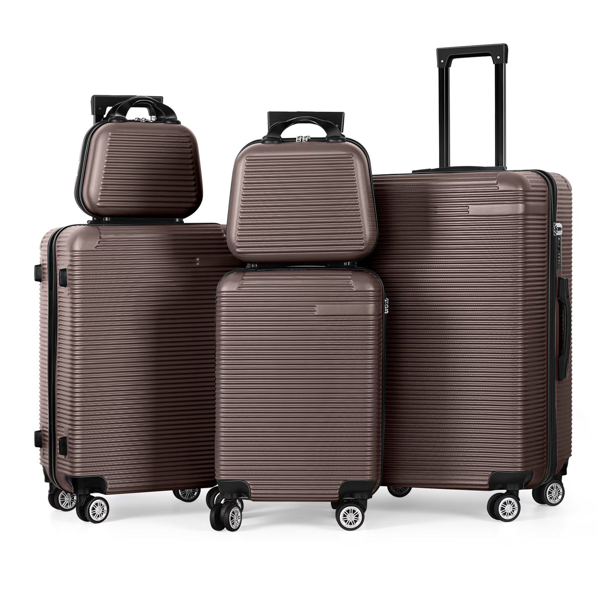 5 Piece Travel Luggage Set, 12" 14" 20'' 24" 28'' Expandable Lightweight Suitcase with Noise-free Double Spinner Wheels & TSA Lock, ABS Hardshell Suitcase for Vacation, Brown