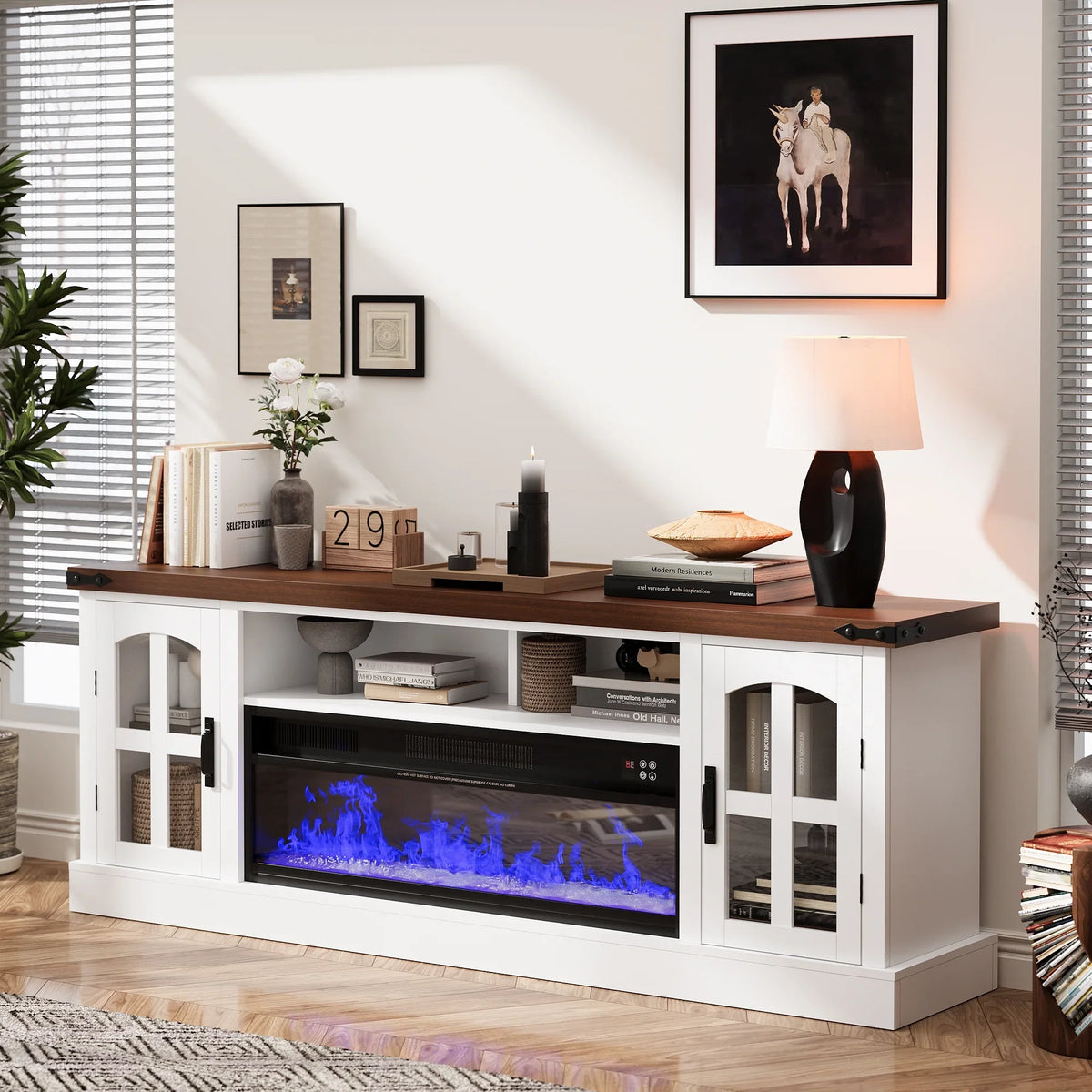 Planntonneo Mid-Century Modern Fluted TV Stand Wooden Media Console Entertainment Center for Living Room, Walnut Color