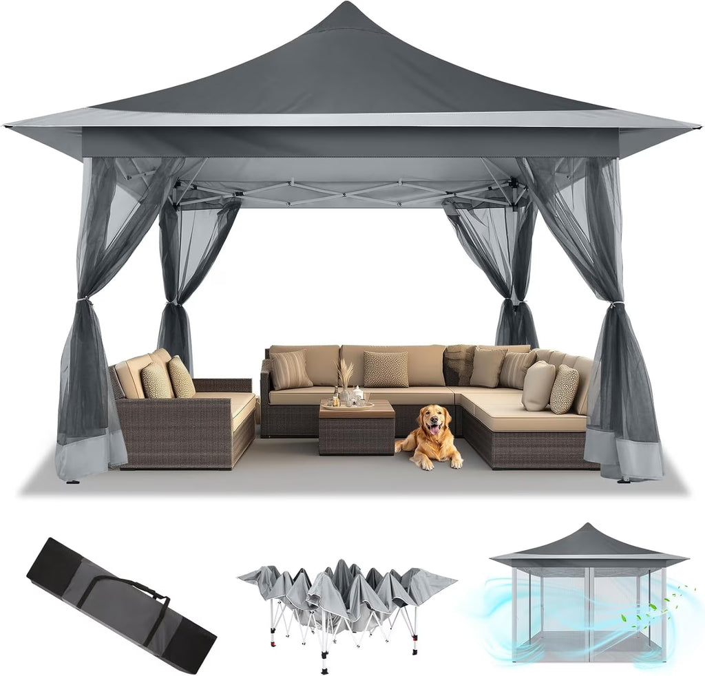 HOTEEL 12x12 Outdoor Pop-up Gazebo Canopy with Mosquito Netting 2-Tiered Vented Top 3 Adjustable Height for Backyard, Garden, Lawn,Light Grey