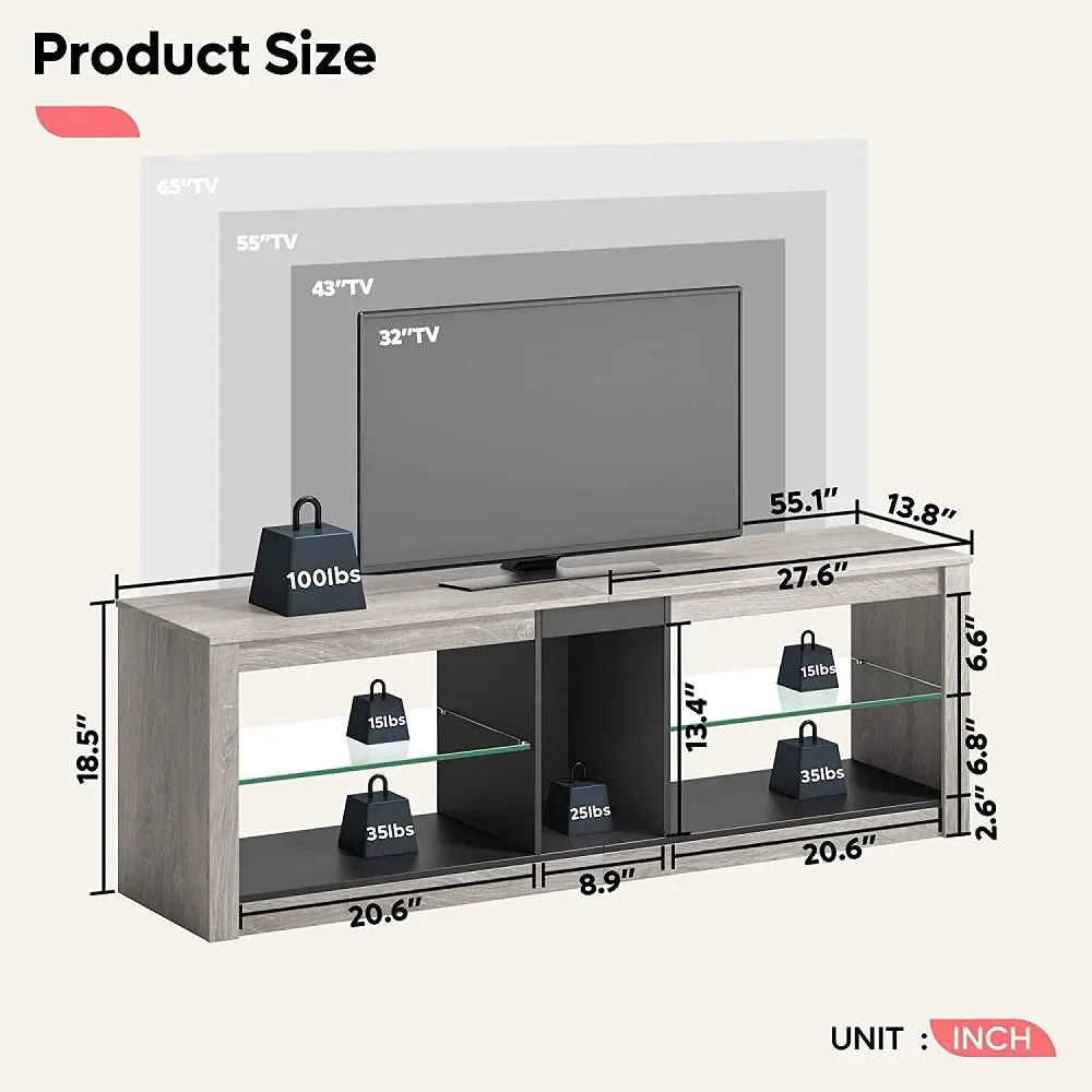 Bestier Entertainment Center with LED Lights TV Stand Media Console Table for TVs up to 60" in Light Grey