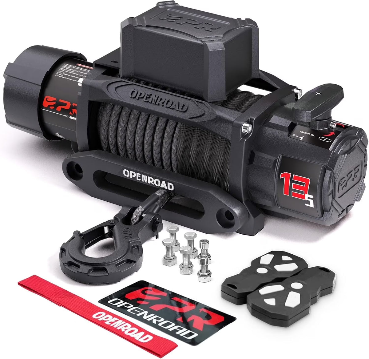 OPENROAD 13500 lb Recovery Winch with Synthetic Rope, 2 Wireless Controllers �C 12V Electric, IP68 Waterproof, Compatible with Jeep, SUV, Truck and Trailer - Panther Series 3S.