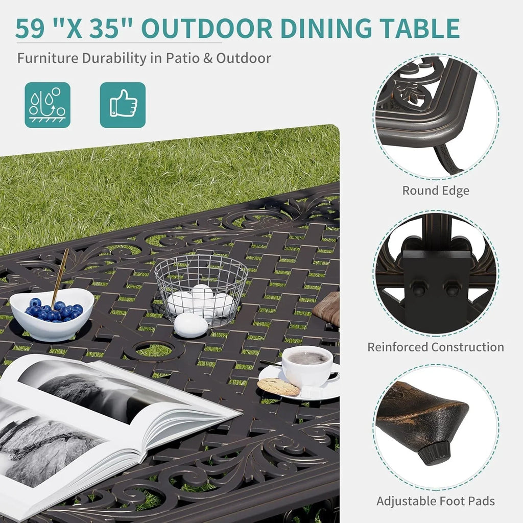 59.06" Cast Aluminum Outdoor Dining Table for 6� People, Rust-Resistant All-Weather Metal Patio Table with 2" Umbrella Hole, Heavy-Duty Garden Furniture for Deck, Backyard, Dark Bronze, Only Desk