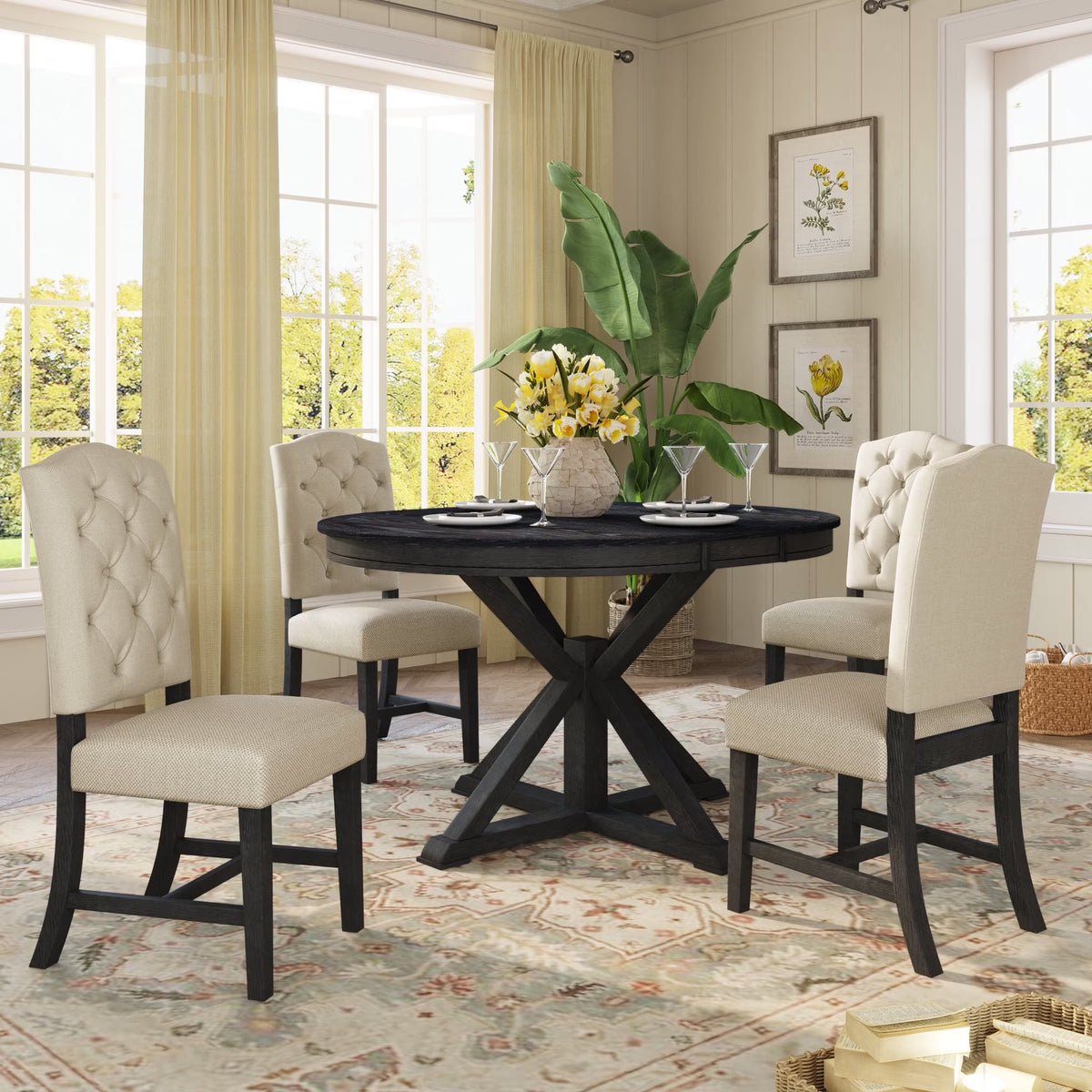 Harper & Bright Designs Round Extendable Dining Table Set for 4, 5 Piece Farmhouse Wood Dining Table Set with 4 Upholstered Dining Chairs, Natural Wood Wash