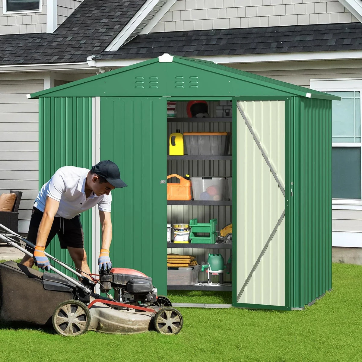 Lofka 8 x 6 ft. Outdoor Metal Storage Shed with Lockable Door for Backyard, Green Storage Shed