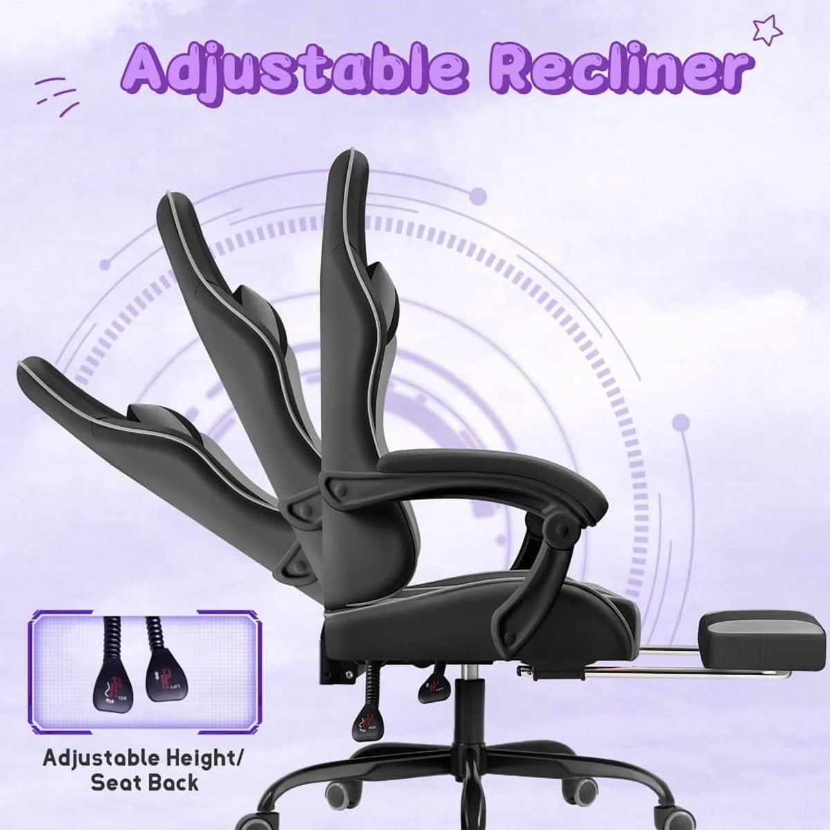Lacoo PU Leather Gaming Chair Massage Ergonomic Gamer Chair Height Adjustable Computer Chair with Footrest & Lumbar Support, White