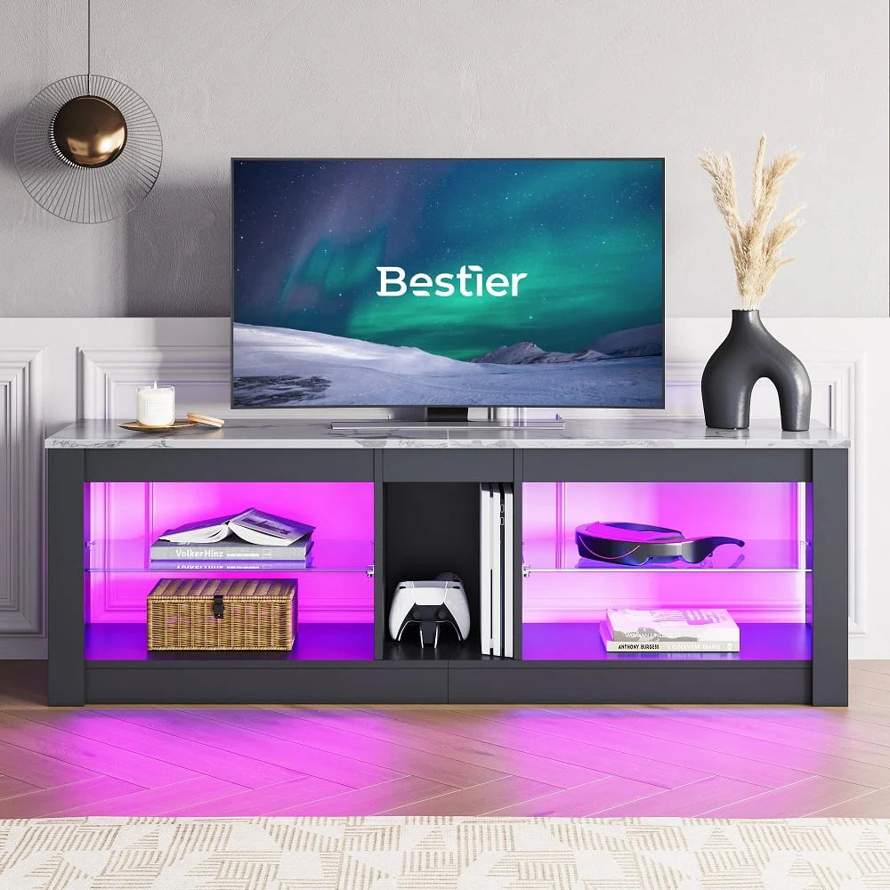 Bestier Entertainment Center with LED Lights TV Stand Media Console Table for TVs up to 60" in Light Grey