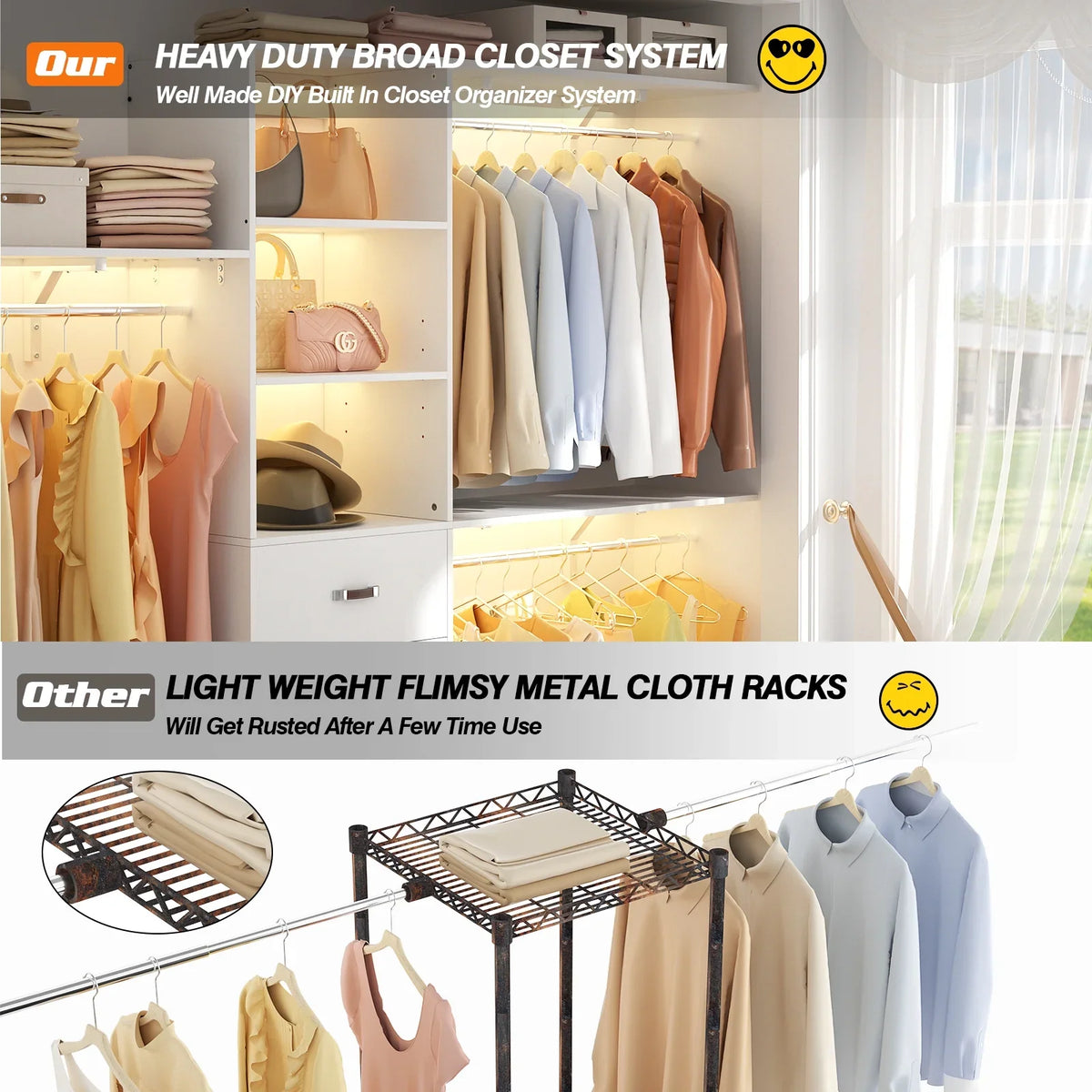 Homieasy 96 Inches Closet System, 8FT Walk In Closet Organizer with 3 Shelving Towers, Heavy Duty Clothes Rack with 3 Drawers, Built-In Garment Rack, 96" L x 16" W x 75" H, White