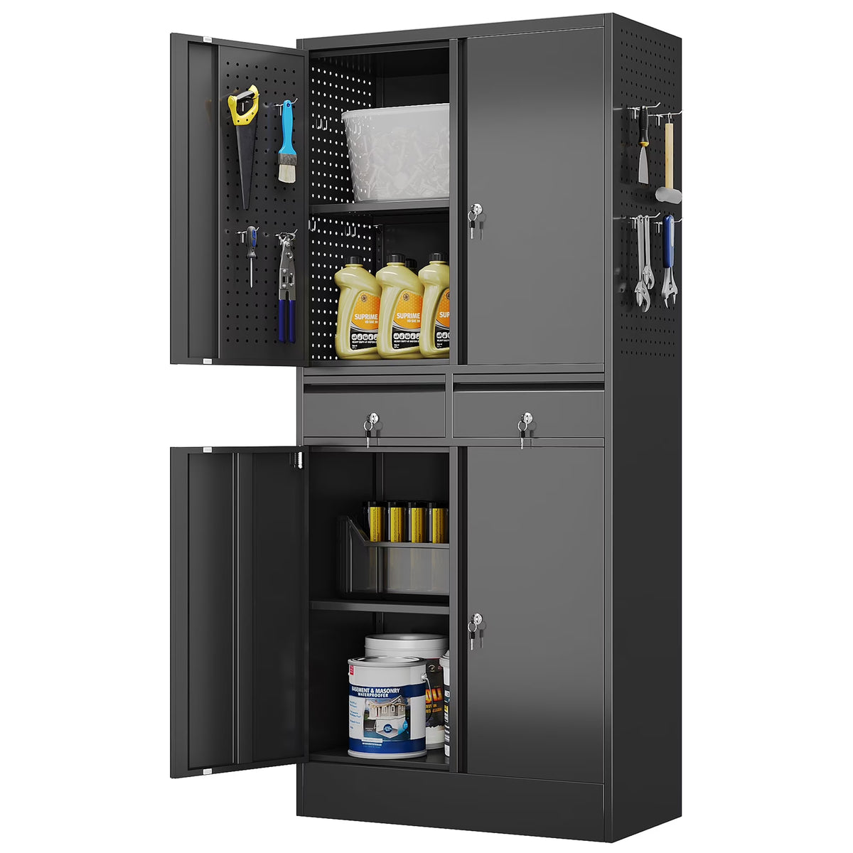 GAEANET 2 Door Metal Storage Cabinet with 5 Adjustable Shelves &Pegboard, 71" H"32" W"16" D Locking Steel Garage Cabinet, for Garage,Office,Home,Gym,School, File Cabinet,Assembly Required, Black