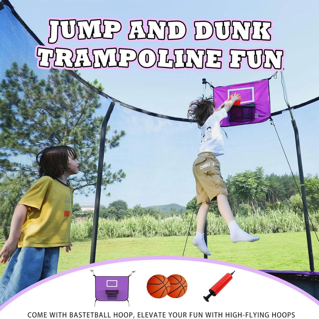 ACWARM HOME 8FT Trampoline with Enclosure Net,Basketball Hoop,Ladder, Light,Outdoor Heavy Duty Round,Purple