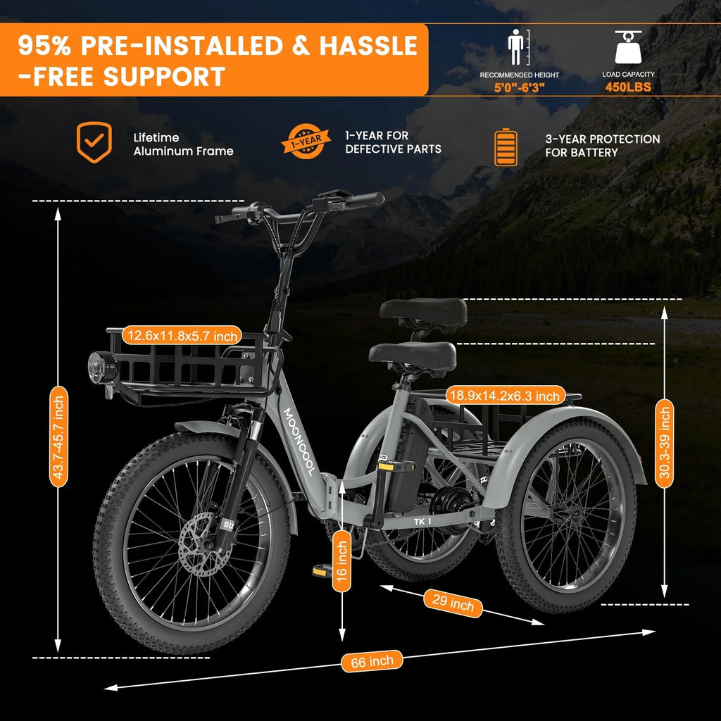 MOONCOOL TK1 Folding Electric Tricycle for Adults,48V 14.5Ah Removable battery, 500W"Peak 1000w"Motor, 20" Fat Tire Step-Thru 3Wheel Electric Bicycle w/Front&Rear Baskets, Certified to UL 2849 by SGS