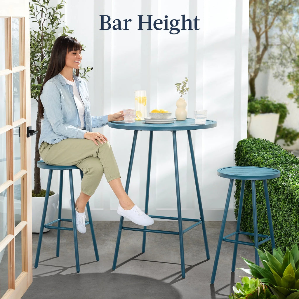 Best Choice Products 3-Piece Steel Patio Bar Height Round Bistro Set w/ Backless Stools, Slatted Design - Black