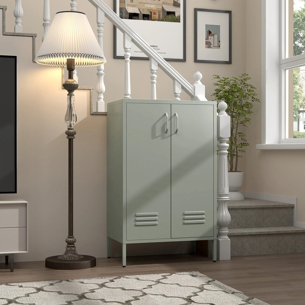 Marcree Green Metal Cabinet,2 Door Accent Cabinet,Metal Locker Cabinet with Legs,Sideboard Cabinet with Adjustable Shelves,Locker Storage Cabinet for Living Room,Entryway