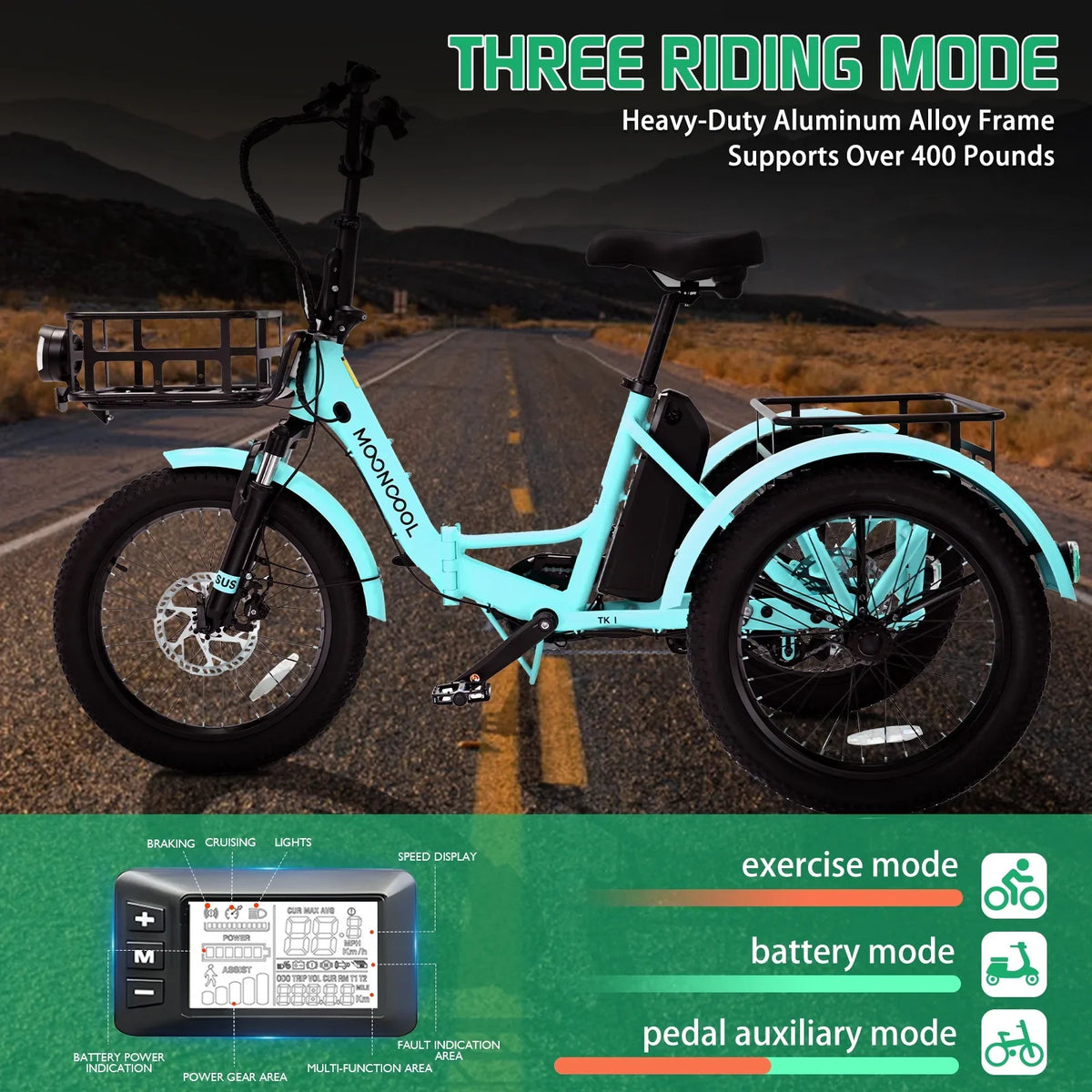 MOONCOOL TK1 Folding Electric Tricycle for Adults,48V 14.5Ah Removable battery, 500W"Peak 1000w"Motor, 20" Fat Tire Step-Thru 3Wheel Electric Bicycle w/Front&Rear Baskets, Certified to UL 2849 by SGS