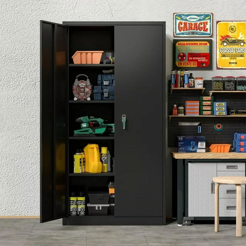 GAEANET 2 Door Metal Storage Cabinet with 5 Adjustable Shelves &Pegboard, 71" H"32" W"16" D Locking Steel Garage Cabinet, for Garage,Office,Home,Gym,School, File Cabinet,Assembly Required, Black
