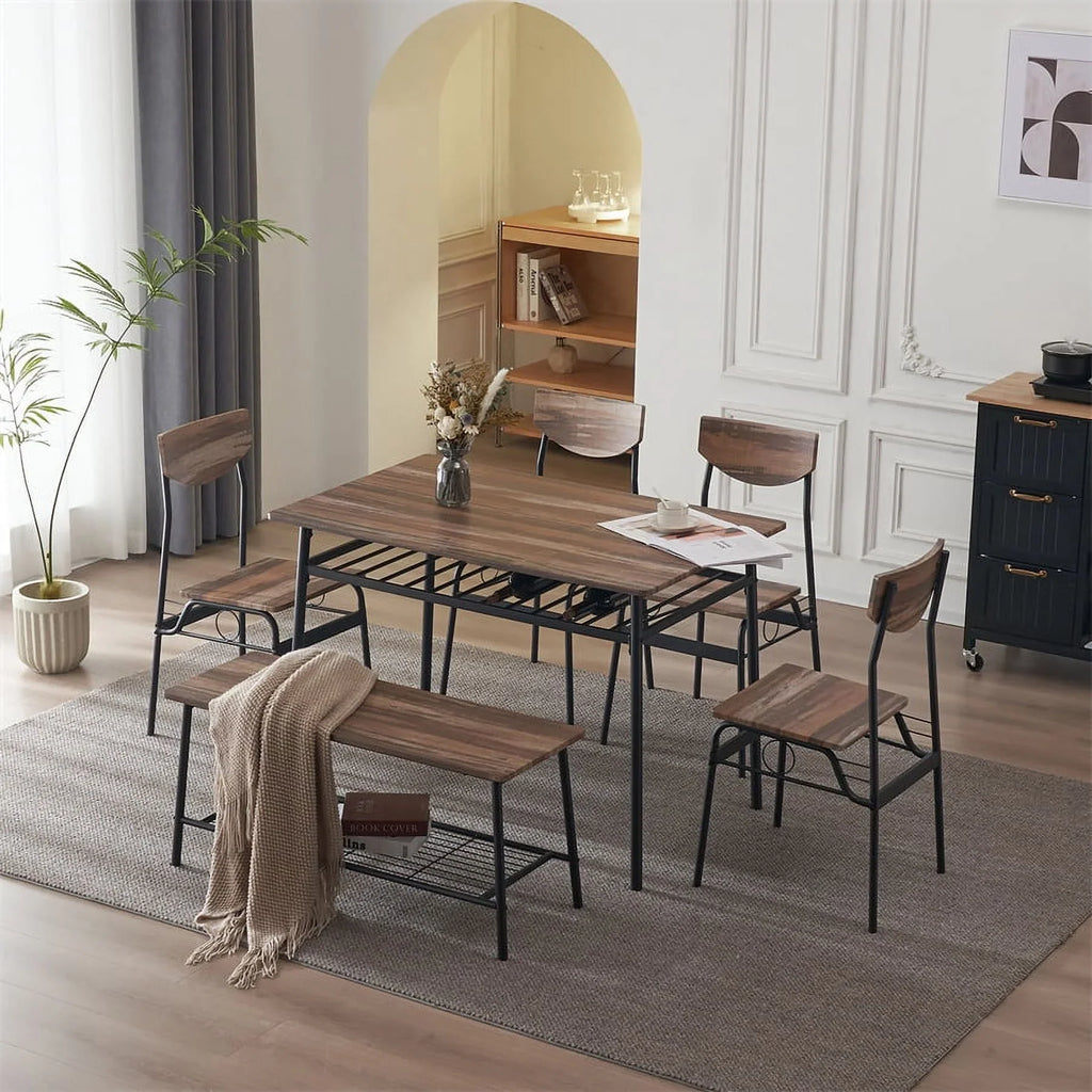 6-Piece Dining Table and Chair Set, Includes 1 Table, 1 Bench and 4 Chairs, Rectangular Kitchen Table and Armless Chairs, Compact Chairs with Curved Backrest for Dining Room