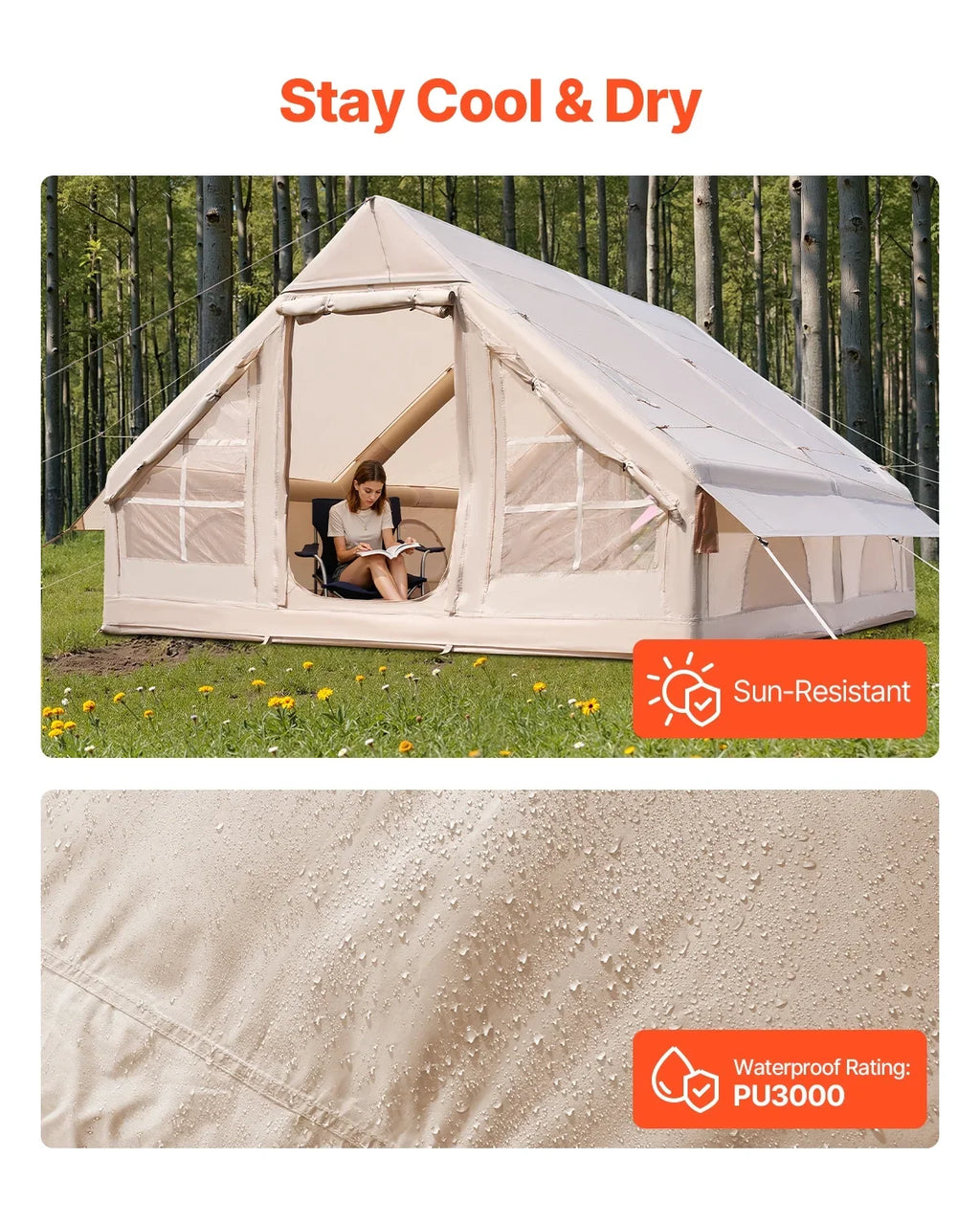 VEVOR Inflatable Tents for Camping, 5-8 Person Easy Setup Blow up Tent with Hand Pump, 300D Oxford Glamping Tent with Stove Jack 2 Doors & 4 Mesh Windows, Storage Bag Included for Easy Taking