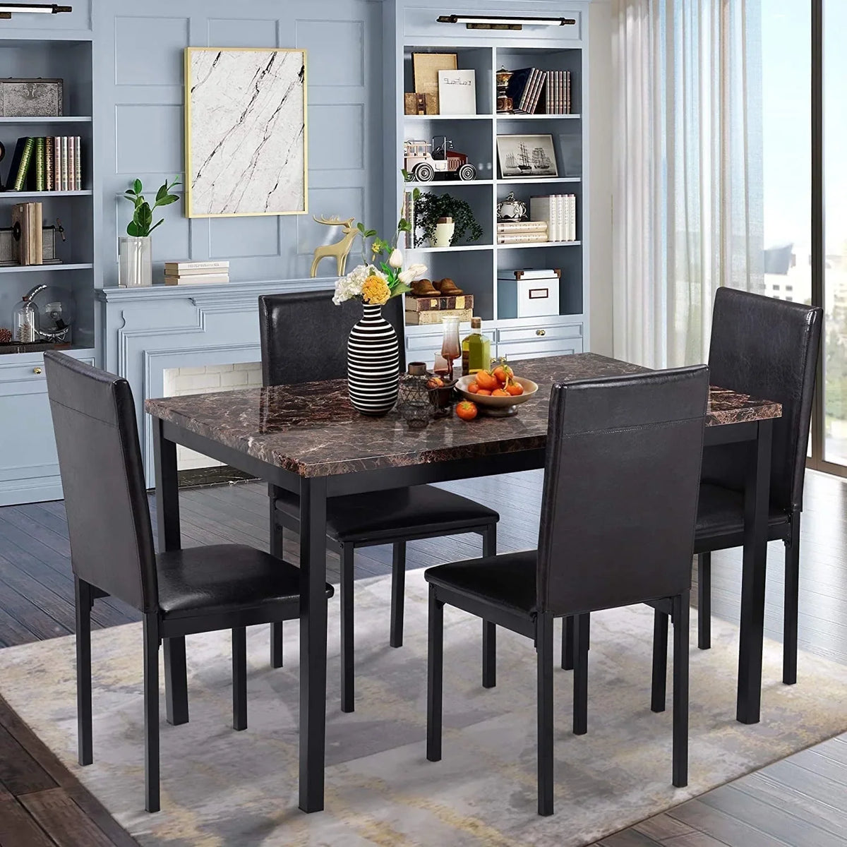 AWQM Dining Table Set of 4, Faux Marble 5 Piece Dining Room Table Set with PU Leather Chairs, Rectangular Kitchen Table Set for Apartment, Dining, White