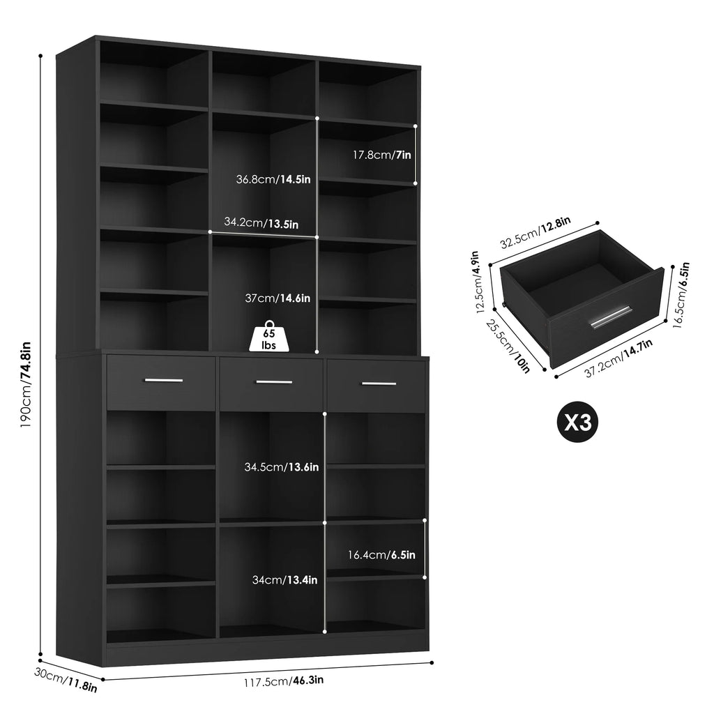 Homfa 75-Inch Bookshelf and Bookcase with 3 Drawers, Wooden Storage Book Shelf with Adjustable Shelves For Living Room, Home Office, White