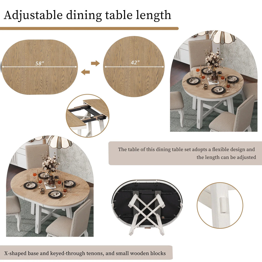 Harper & Bright Designs Round Extendable Dining Table Set for 4, 5 Piece Farmhouse Wood Dining Table Set with 4 Upholstered Dining Chairs, Natural Wood Wash