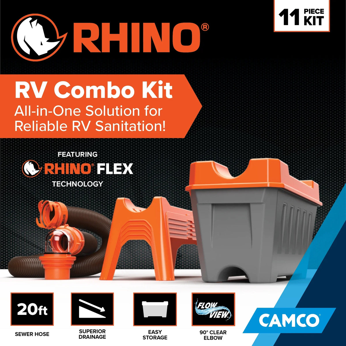 Camco Rhino 12-Piece RV Sewer Kit for Camping, 20-Ft Sewer Hose & Storage Box, 1 Pack - Orange (43075)