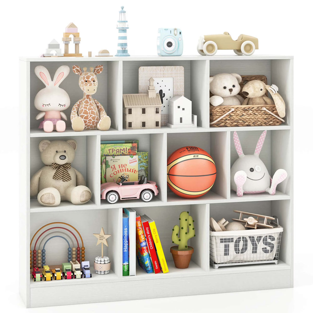 Costway 10-Cube Bookcase for Kids 41"Wooden Toy Storage Organizer for Kid’s Room White