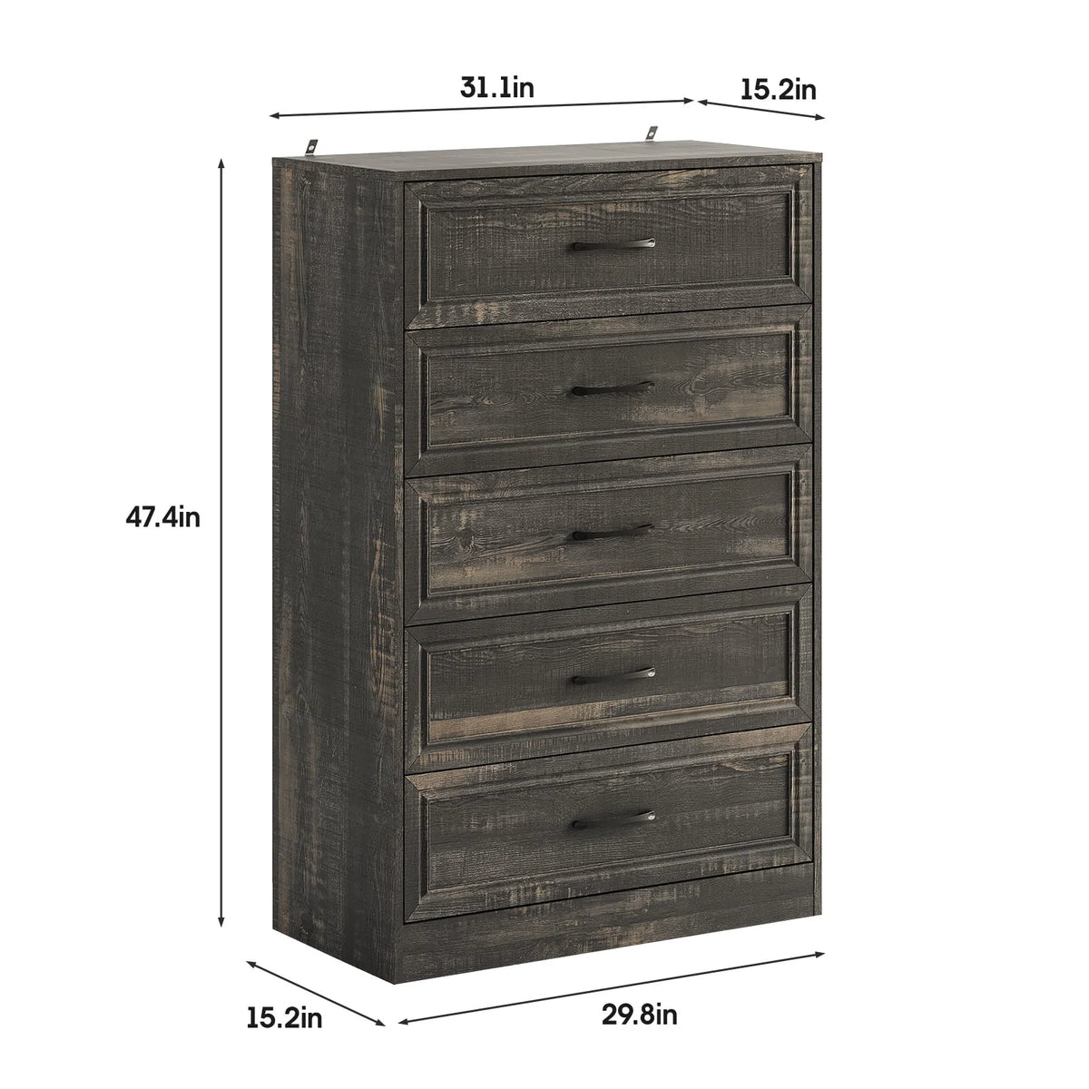 Vabches Farmhouse 5 Drawer Dresser with Metal Handle, Tall Wood Chest of Drawers for Living Room Bedroom,Dark Brown