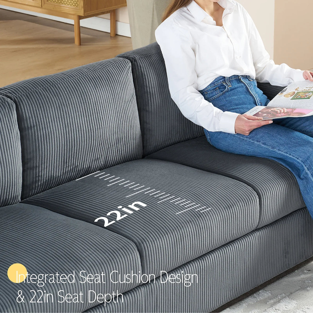 VANACC 89in Couch, Comfy Sofa with Wood Legs, 3 Seater Modern Sofa- Deep Seat Couches for Living Room, White Corduroy