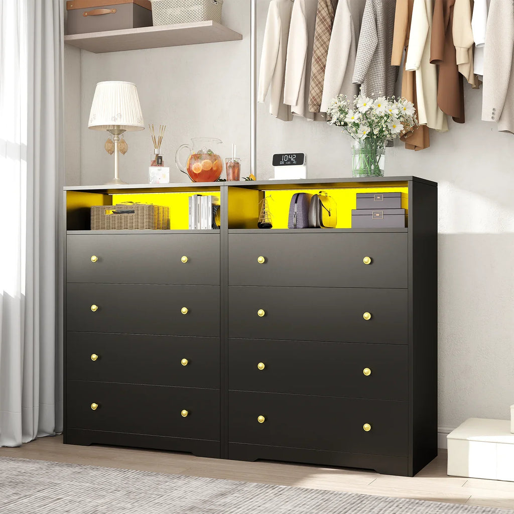 4-Drawer Black Wood Dresser with LED Lights,Modern Chest of Drawers for Bedroom,Living Room