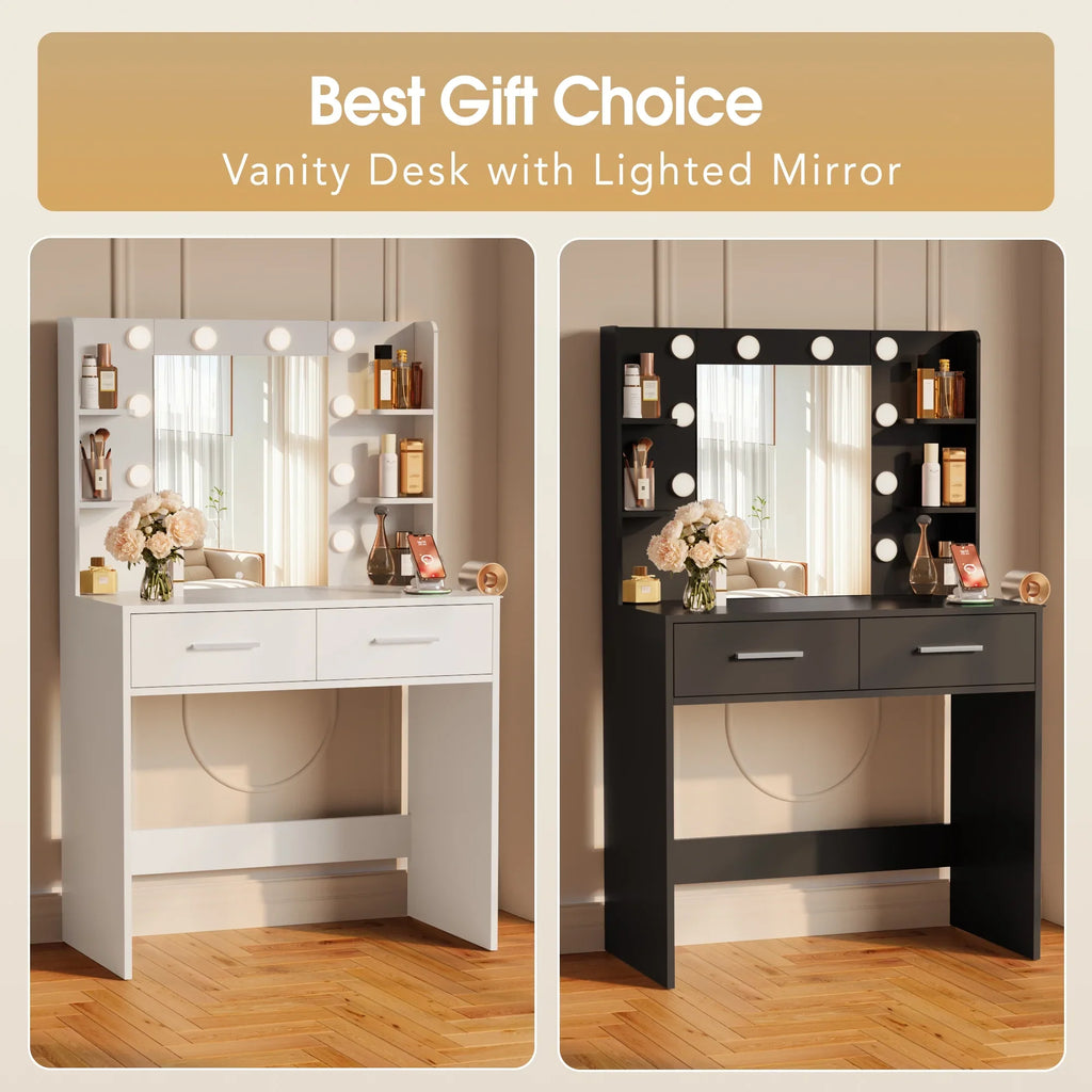 Furmax Makeup Vanity Table and Chair Set with 3 Modes Adjustable Lights and Mirror Vanity Desk with Shelves and Drawer, White