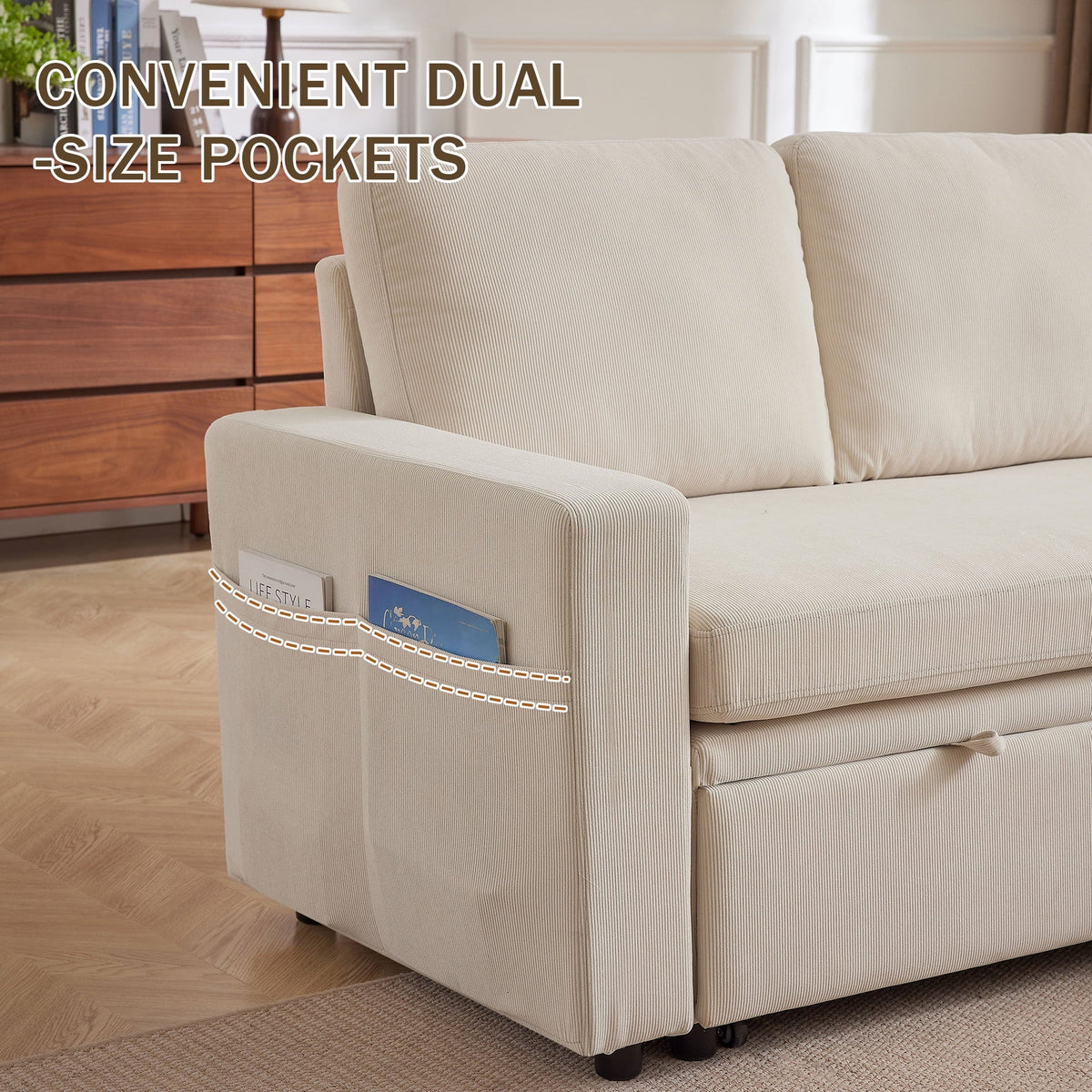 Pingliang Home Pull Out Sleeper Sofa Bed Sectional Sofa with Storage Chaise,L Shaped Sectionals Couches with Side Pockets,Modern Linen Reversible Sofa Couch for Living Room Apartment Office Studio