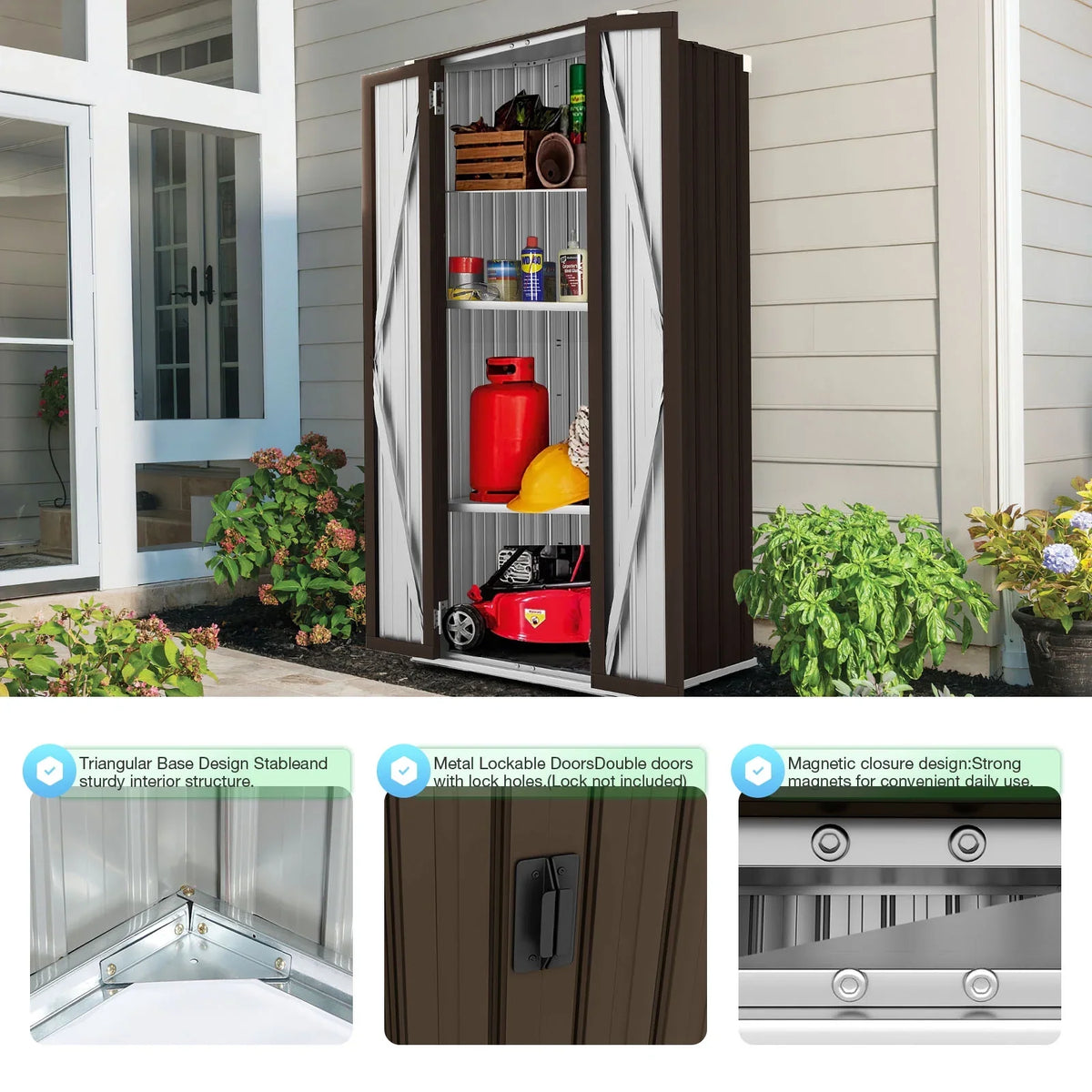 AECOJOY Outdoor Storage Cabinet Waterproof with Adjustable Shelves, Lockable Metal Outdoor Garden Storage Sheds Organizer in Brown, Versatile for Garage, Backyard, or Indoor Use