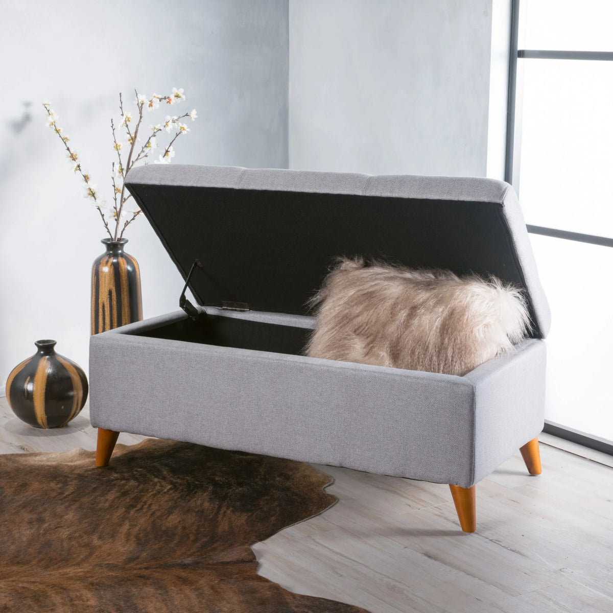GDF Studio Valeno Mid Century Modern Fabric Tufted Storage Ottoman Bench, Light Gray and Light Brown