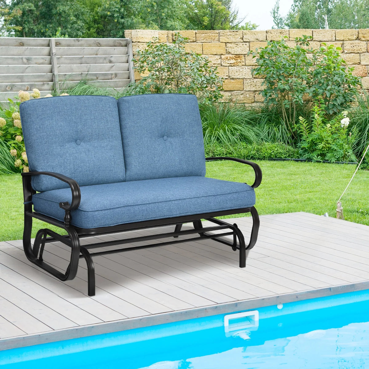 Costway Glider Outdoor Patio Rocking Bench Loveseat Cushioned Seat Steel Frame Blue