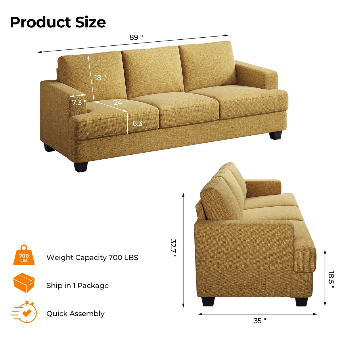 BLAZANT 3 Seater Sofa Oversize, 89" Extra Large Size Sofa Couch with Extra Deep Seats, Modern Loveseat Sofa, Comfortable Fabric, Easy to Install, for Living Room Apartment Lounge, Brown