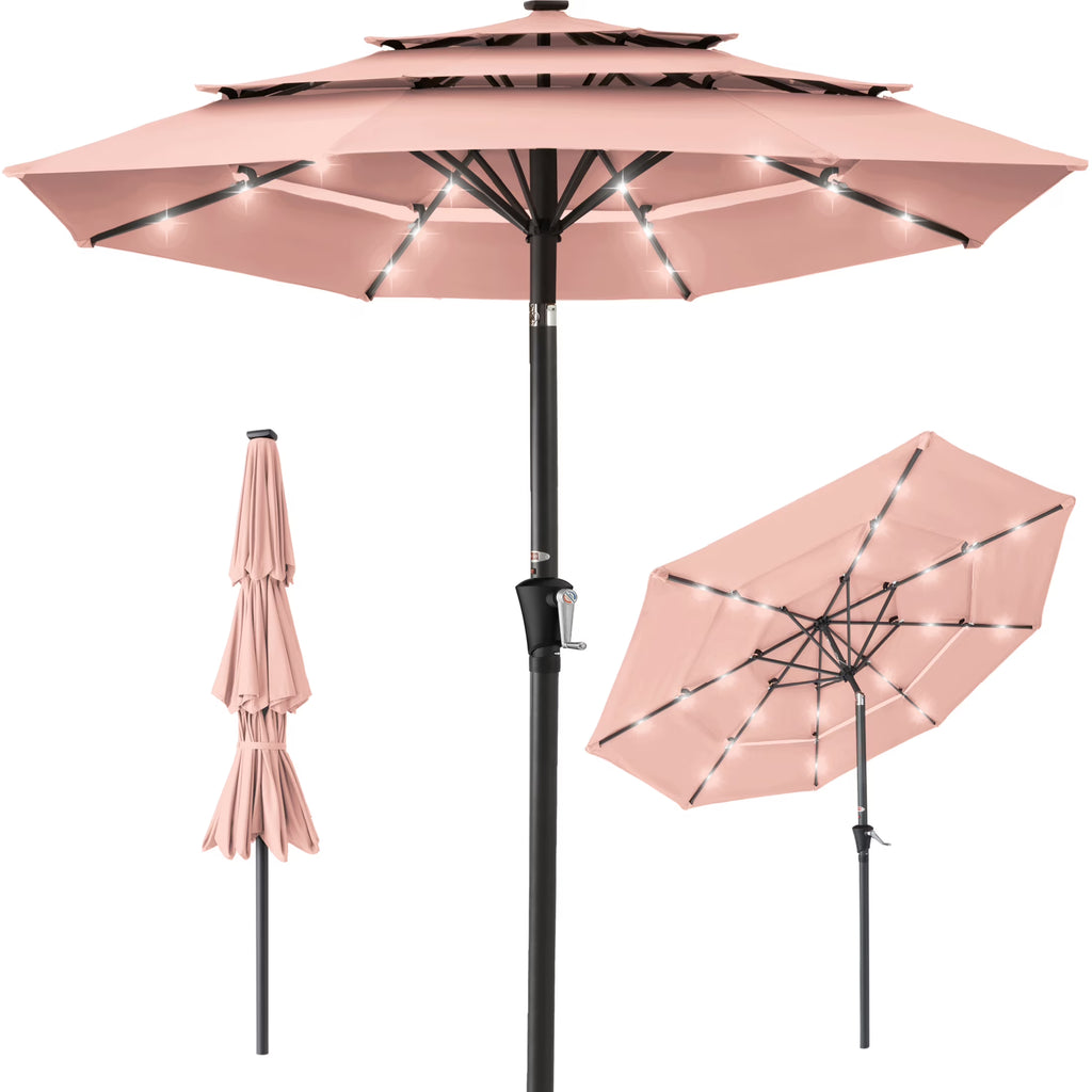 Best Choice Products 10ft 3-Tier Solar Patio Umbrella w/ 24 LED Lights, Tilt Adjustment, Easy Crank - Tan