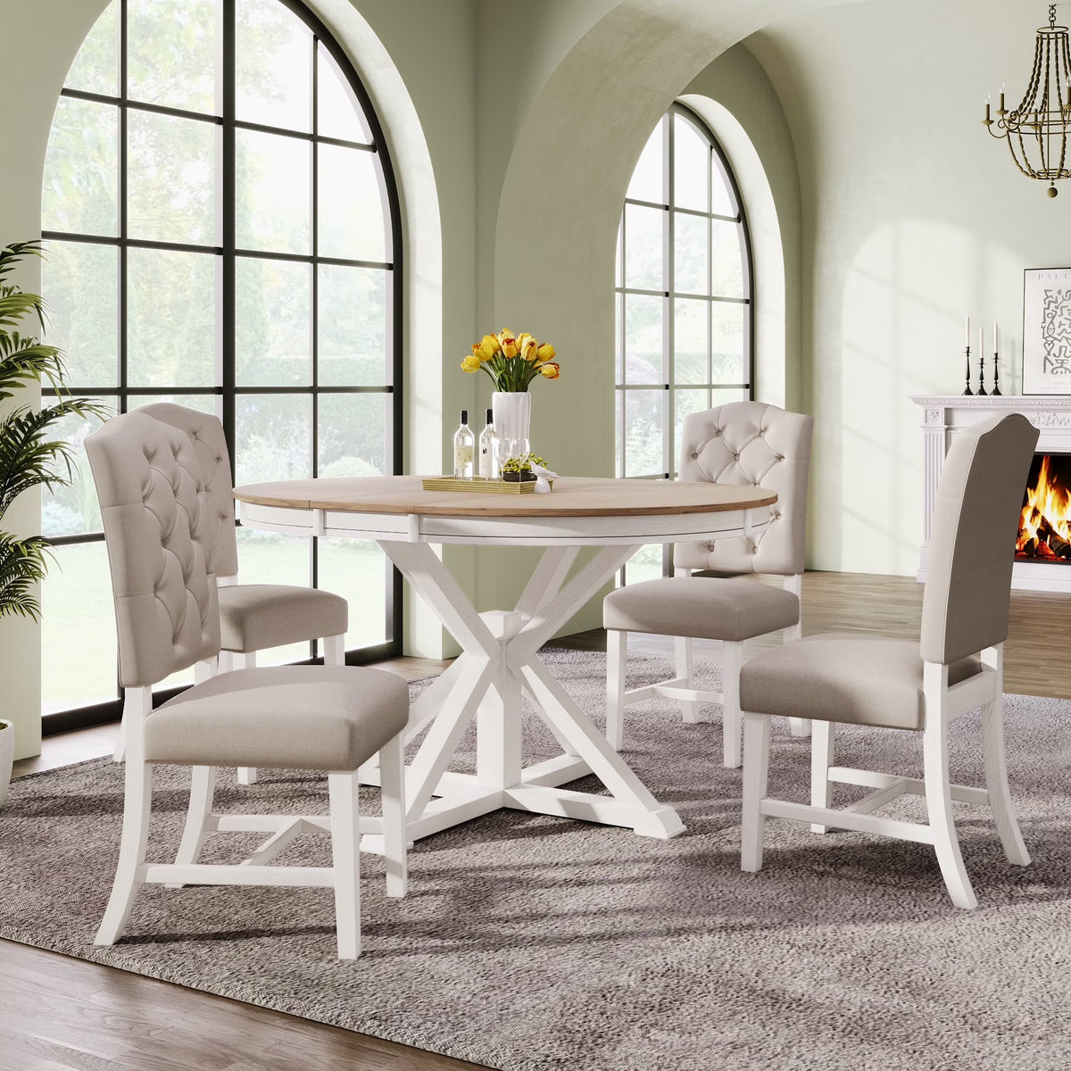 Harper & Bright Designs Round Extendable Dining Table Set for 4, 5 Piece Farmhouse Wood Dining Table Set with 4 Upholstered Dining Chairs, Natural Wood Wash